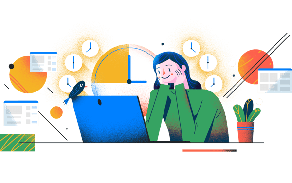 An illustration of a person looking at a laptop with lots of clocks around them